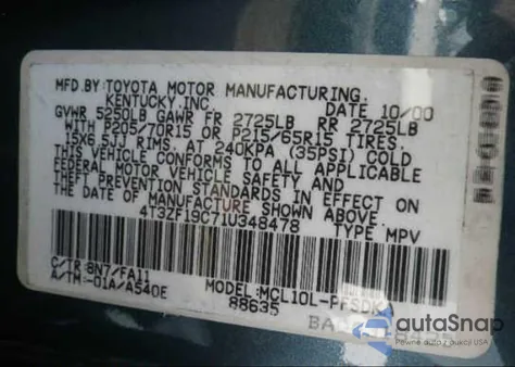 2001 Toyota Sienna Ce z USA, uszkodzony, nr VIN 4T3ZF19C71U348478